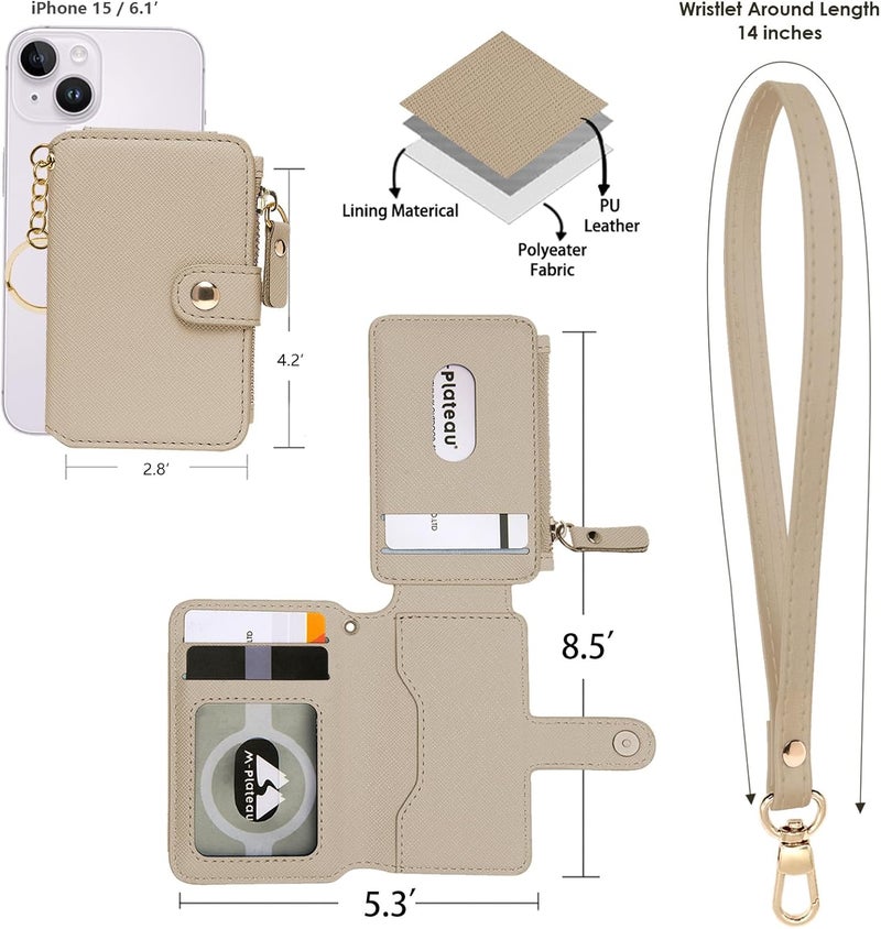 M-Plateau Wallet, Womens card Holder Leather Keychain Wallet With Zipper Coin Pocket ID Window Wrist Strap Gift Box (Khaki) - Image 4